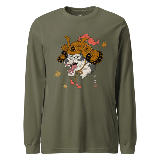 Wolf Samurai Japanese Ukiyo-e Unisex Long Sleeve Tee Military Green - Samurai Original