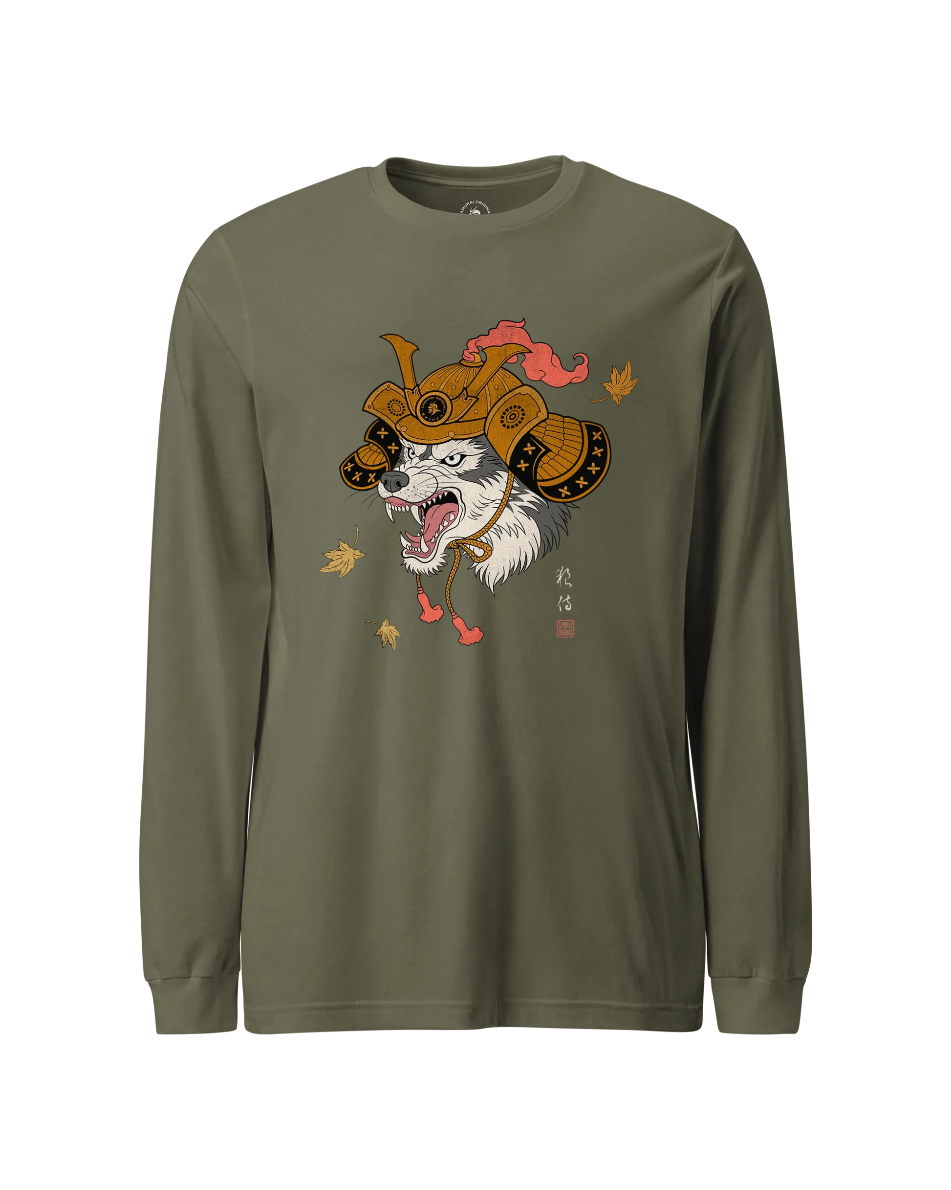 Wolf Samurai Japanese Ukiyo-e Unisex Long Sleeve Tee Military Green - Samurai Original