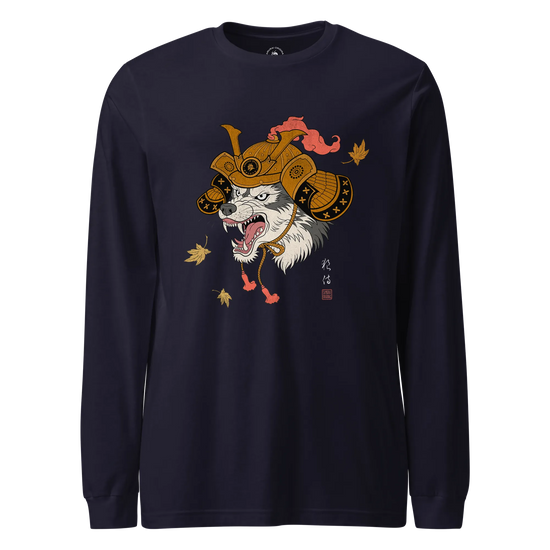 Wolf Samurai Japanese Ukiyo-e Unisex Long Sleeve Tee Navy - Samurai Original
