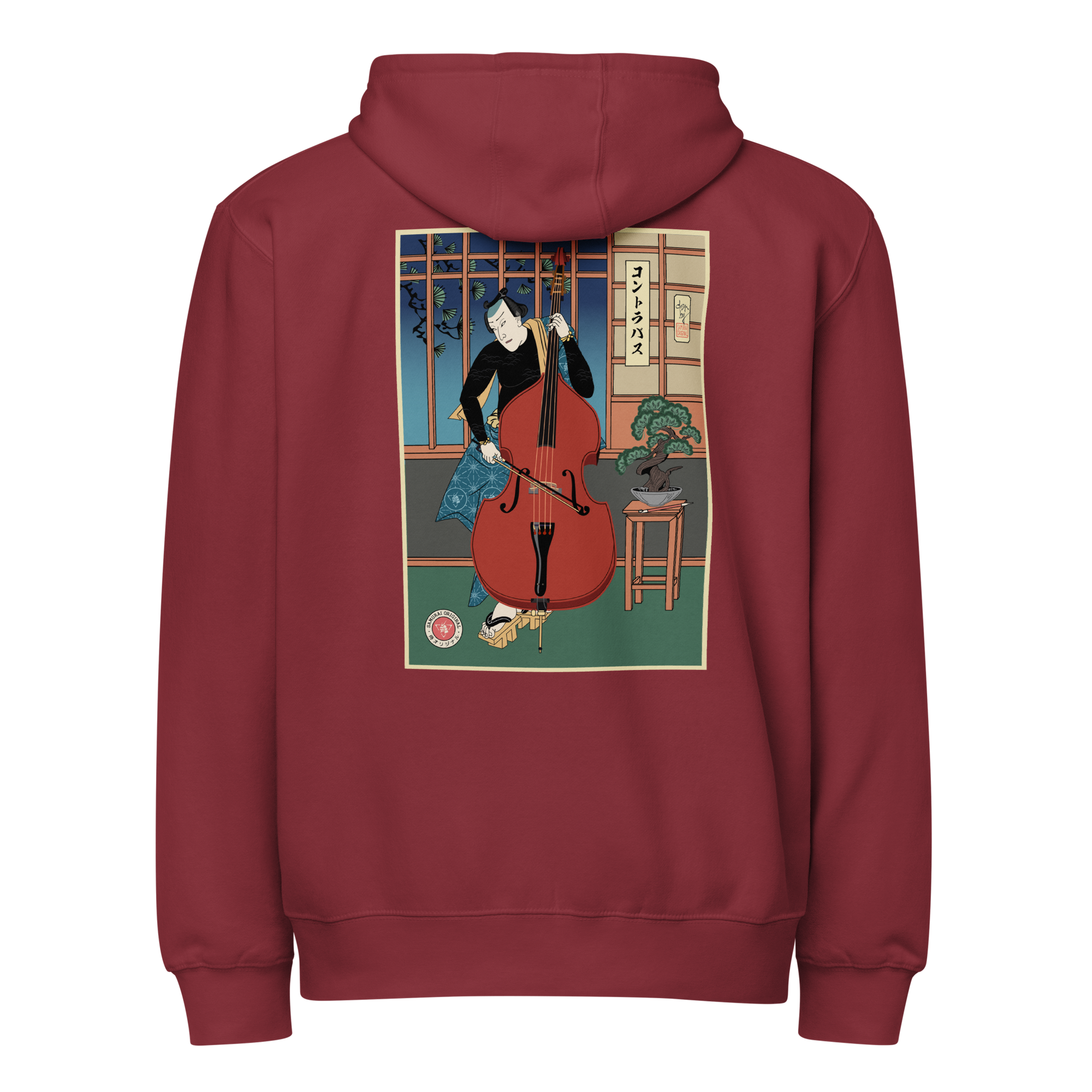 Samurai Contrabass Ukiyo-e Premium full zip hoodie Burgundy - Samurai Original