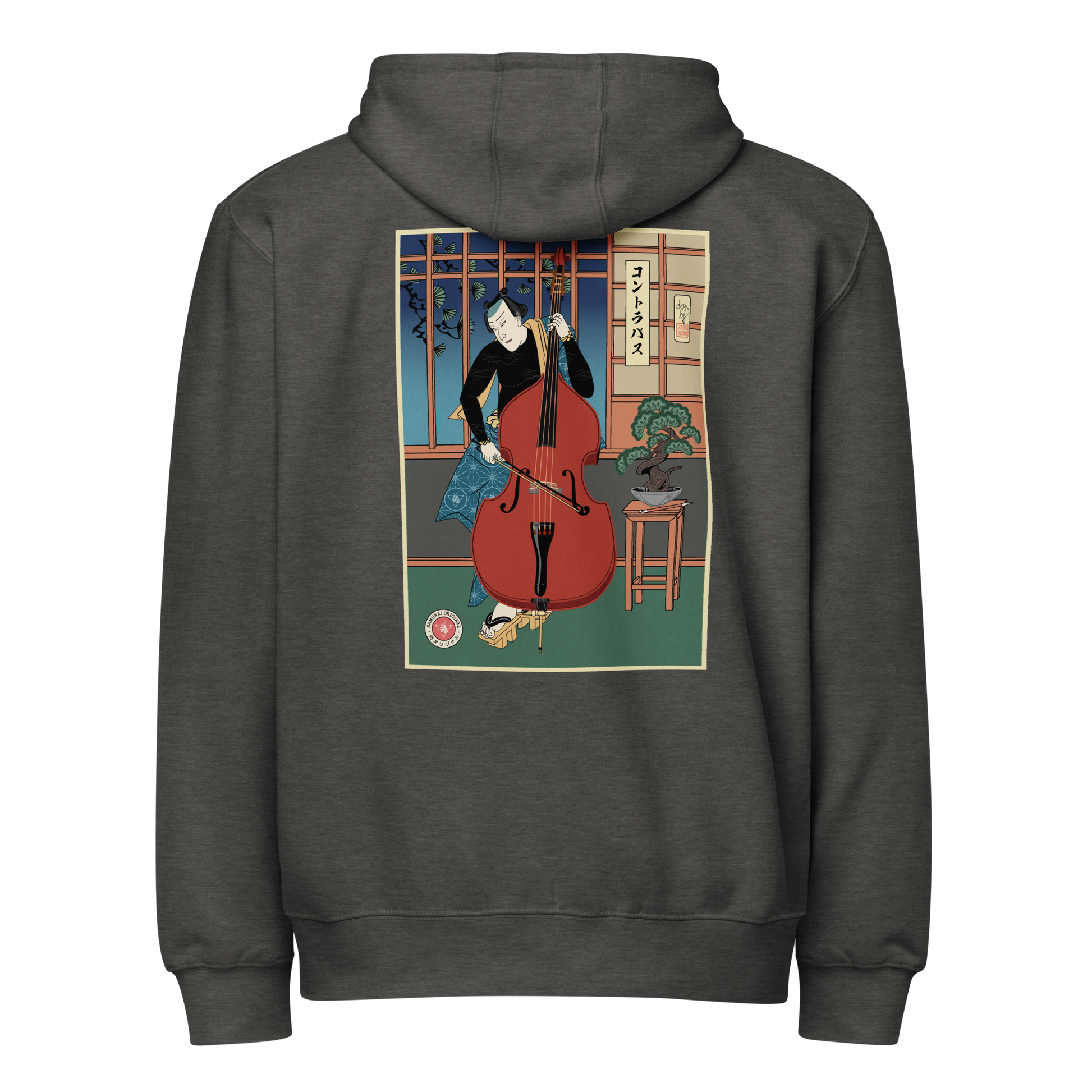 Samurai Contrabass Ukiyo-e Premium full zip hoodie Charcoal Heather - Samurai Original