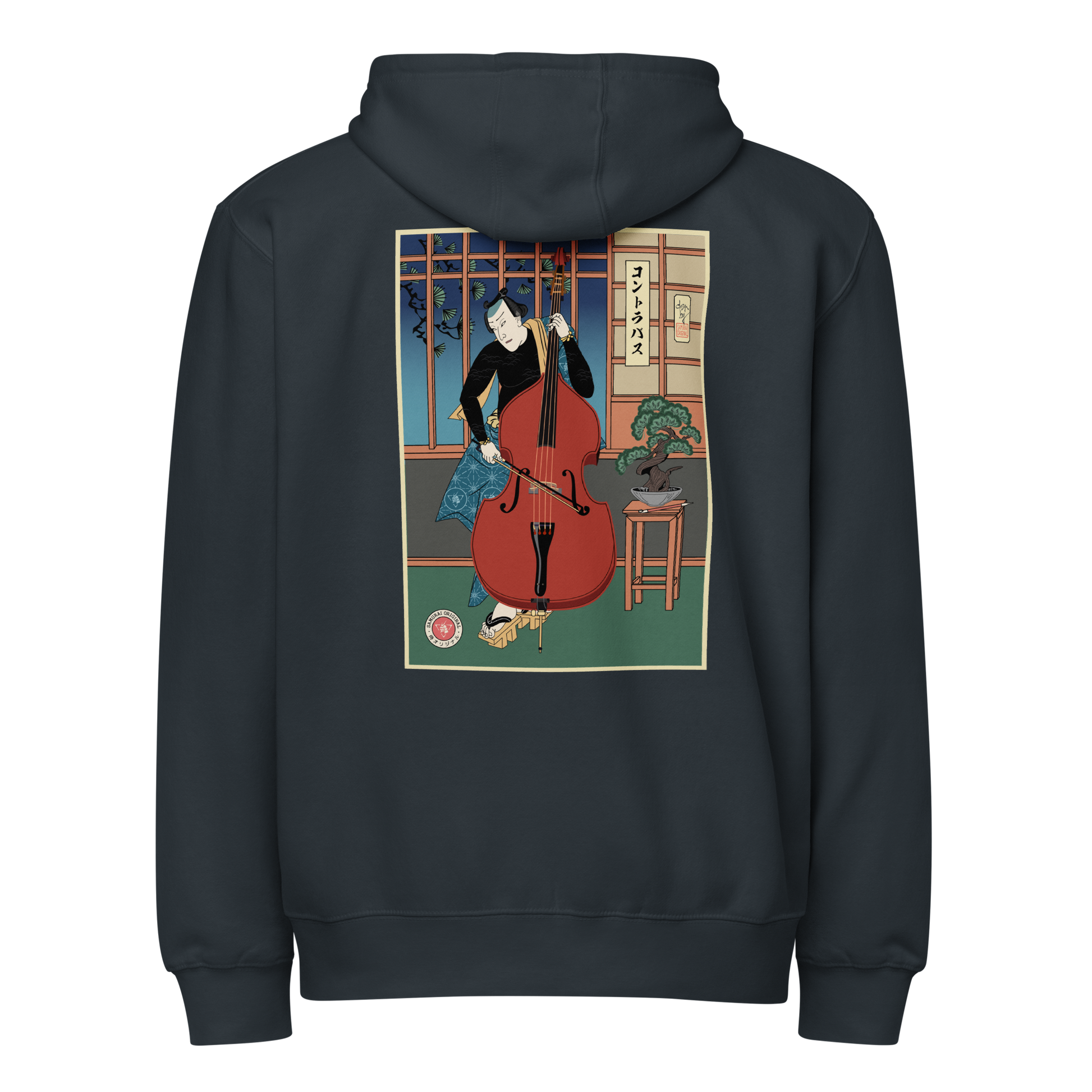 Samurai Contrabass Ukiyo-e Premium full zip hoodie Navy - Samurai Original