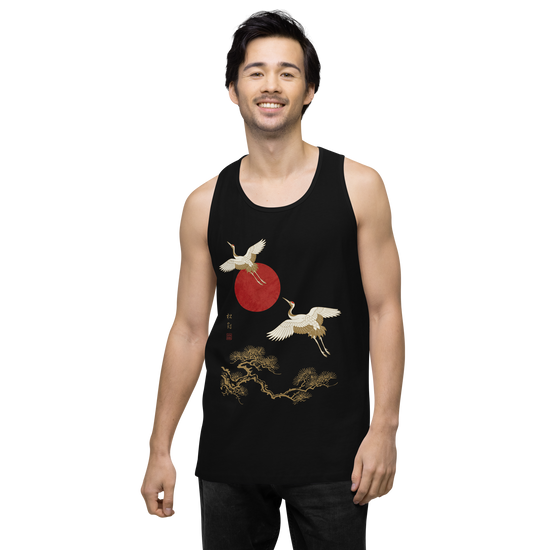 Japanese Crane and Pine Tree Ukiyo-e Men's Premium Tank Top - Samurai Original