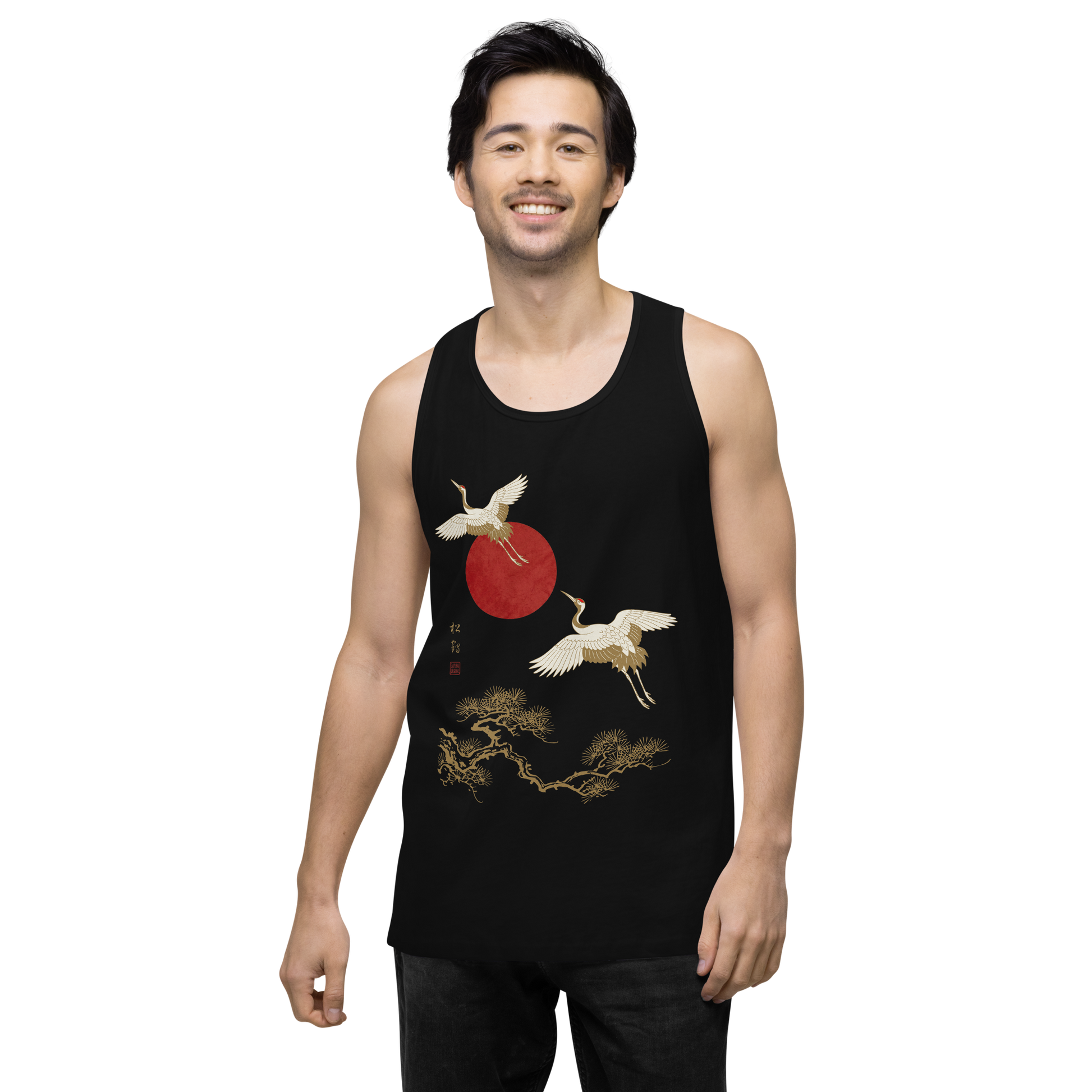 Japanese Crane and Pine Tree Ukiyo-e Men's Premium Tank Top - Samurai Original