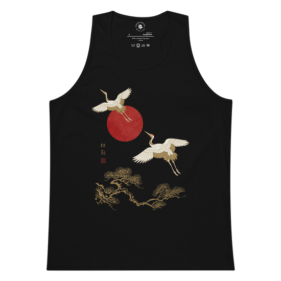 Japanese Crane and Pine Tree Ukiyo-e Men's Premium Tank Top Black - Samurai Original