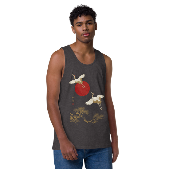 Japanese Crane and Pine Tree Ukiyo-e Men's Premium Tank Top - Samurai Original