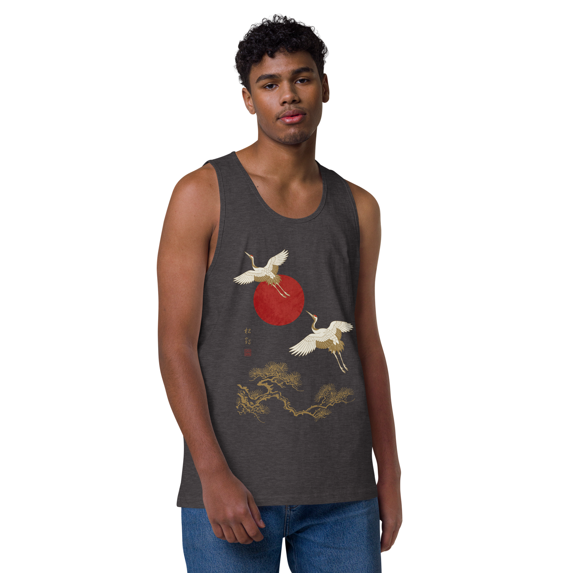 Japanese Crane and Pine Tree Ukiyo-e Men's Premium Tank Top - Samurai Original