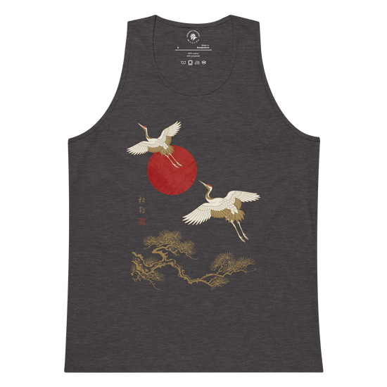 Japanese Crane and Pine Tree Ukiyo-e Men's Premium Tank Top Charcoal Heather - Samurai Original