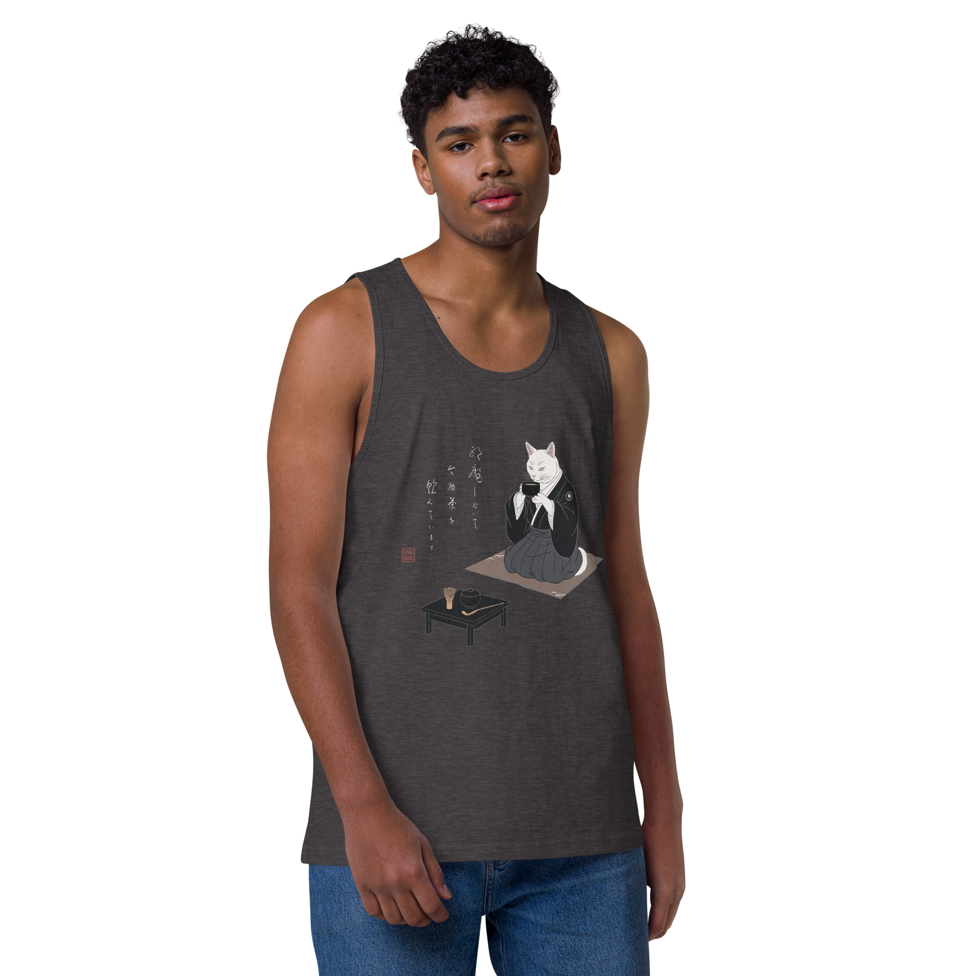 Cat Samurai Tea Ceremony Ukiyo-e Men's Premium Tank Top - Samurai Original