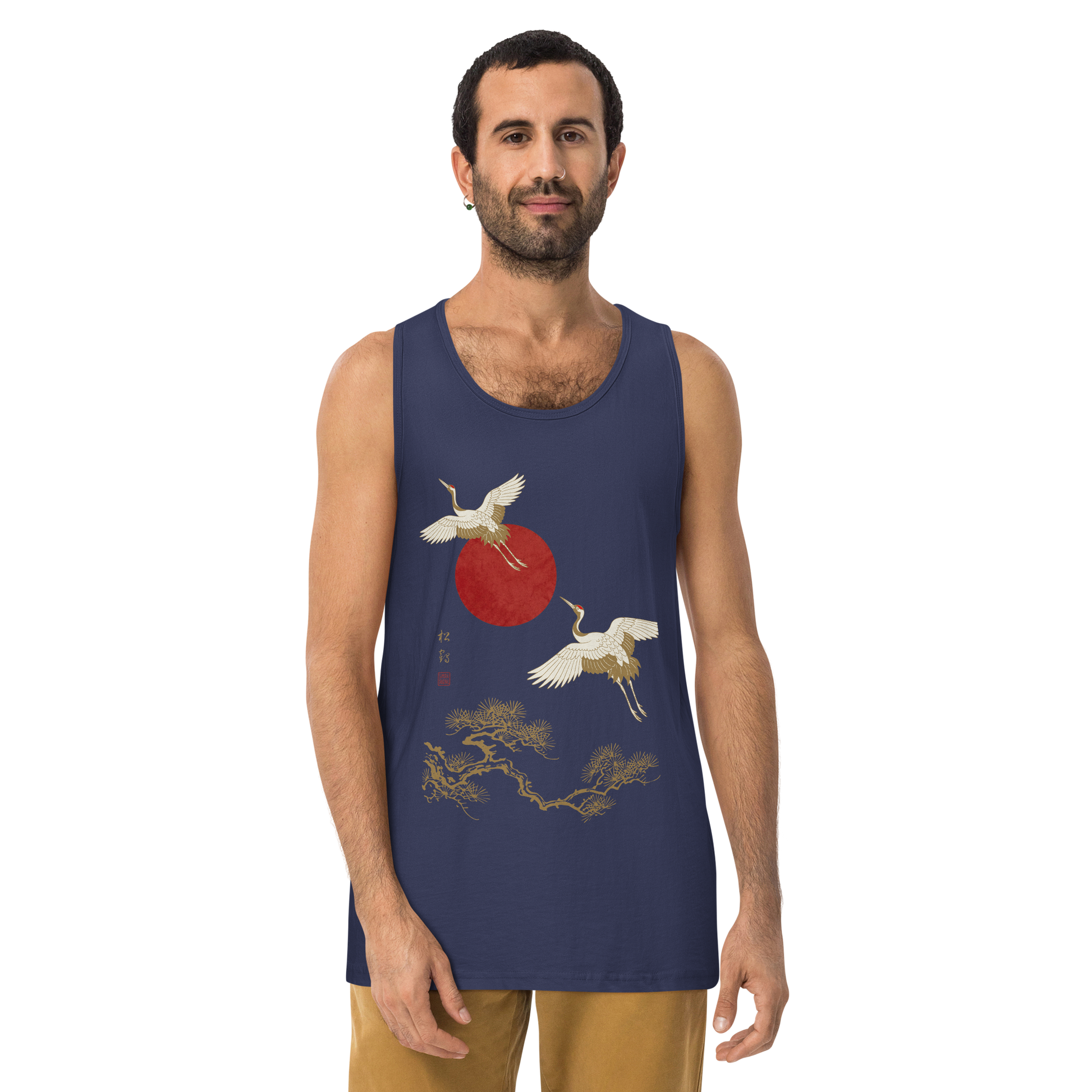 Japanese Crane and Pine Tree Ukiyo-e Men's Premium Tank Top - Samurai Original
