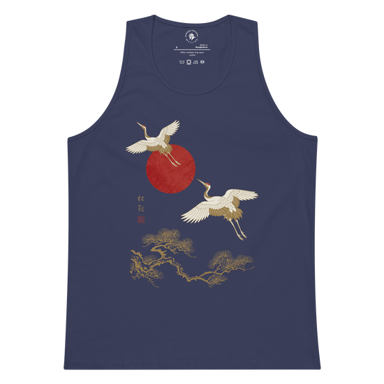 Japanese Crane and Pine Tree Ukiyo-e Men's Premium Tank Top Harbor Blue - Samurai Original