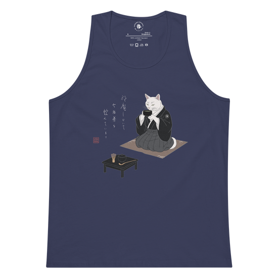 Cat Samurai Tea Ceremony Ukiyo-e Men's Premium Tank Top Harbor Blue - Samurai Original