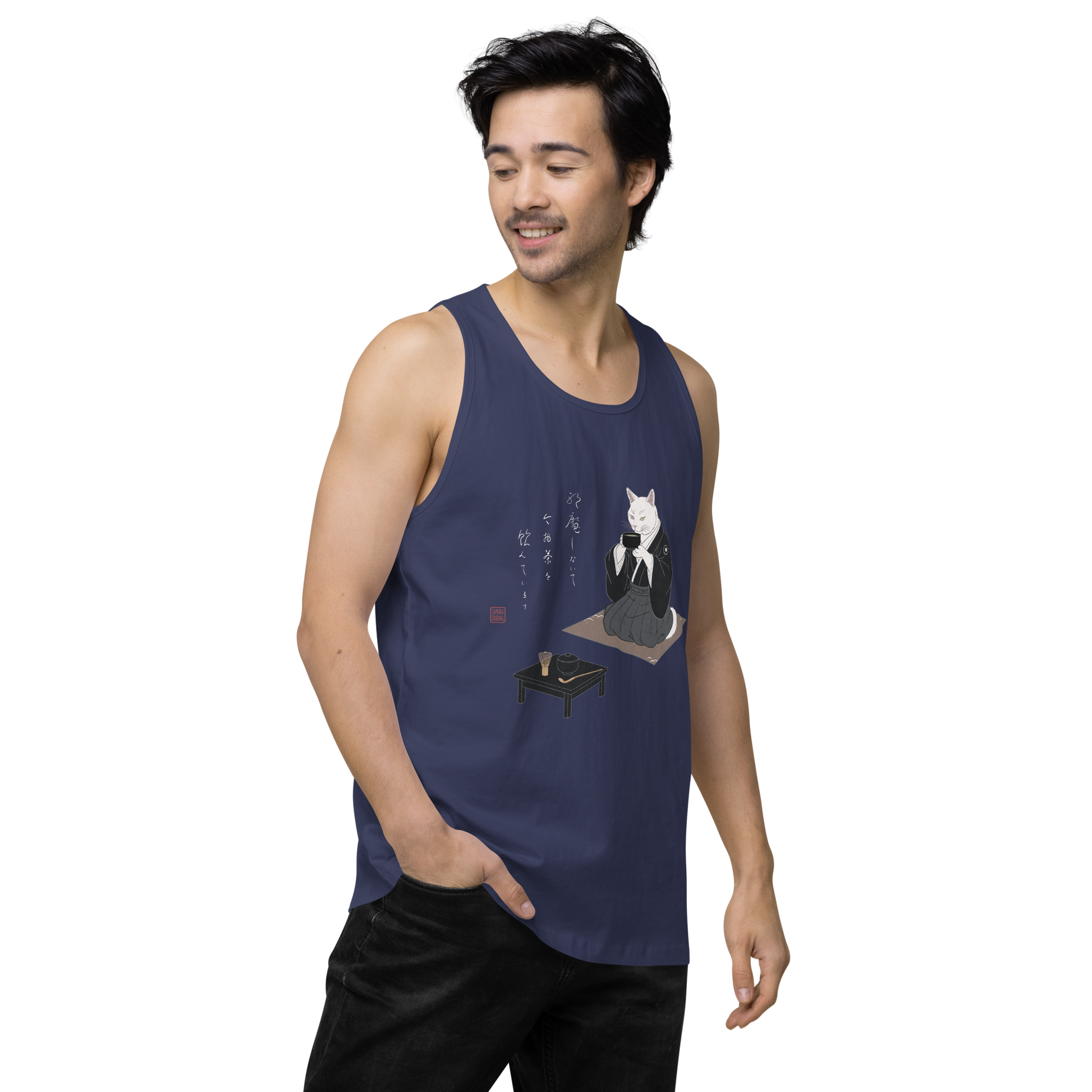 Cat Samurai Tea Ceremony Ukiyo-e Men's Premium Tank Top - Samurai Original