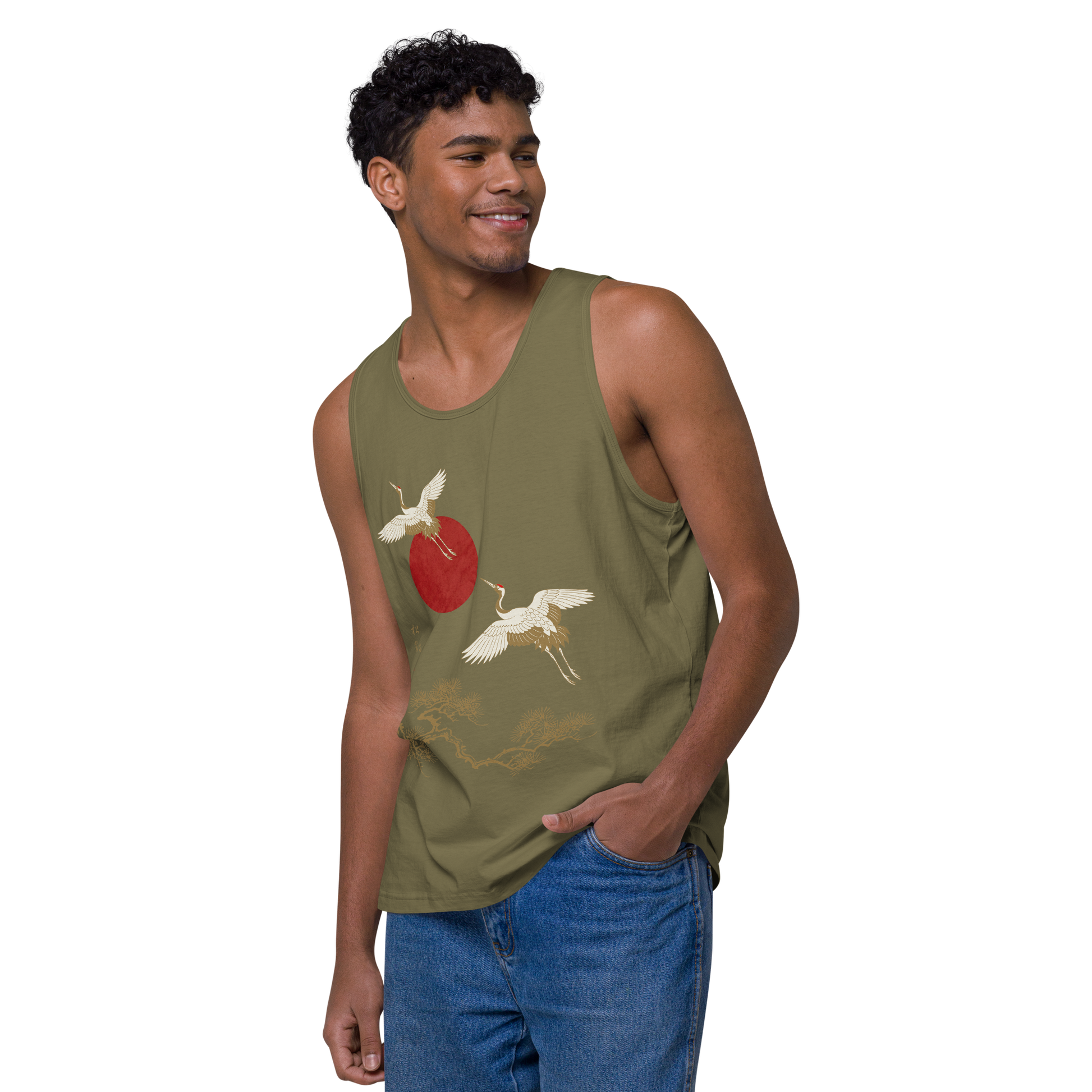 Japanese Crane and Pine Tree Ukiyo-e Men's Premium Tank Top - Samurai Original