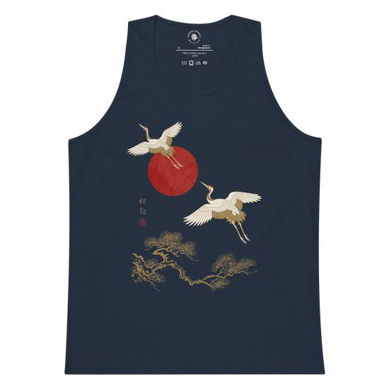 Japanese Crane and Pine Tree Ukiyo-e Men's Premium Tank Top Navy - Samurai Original