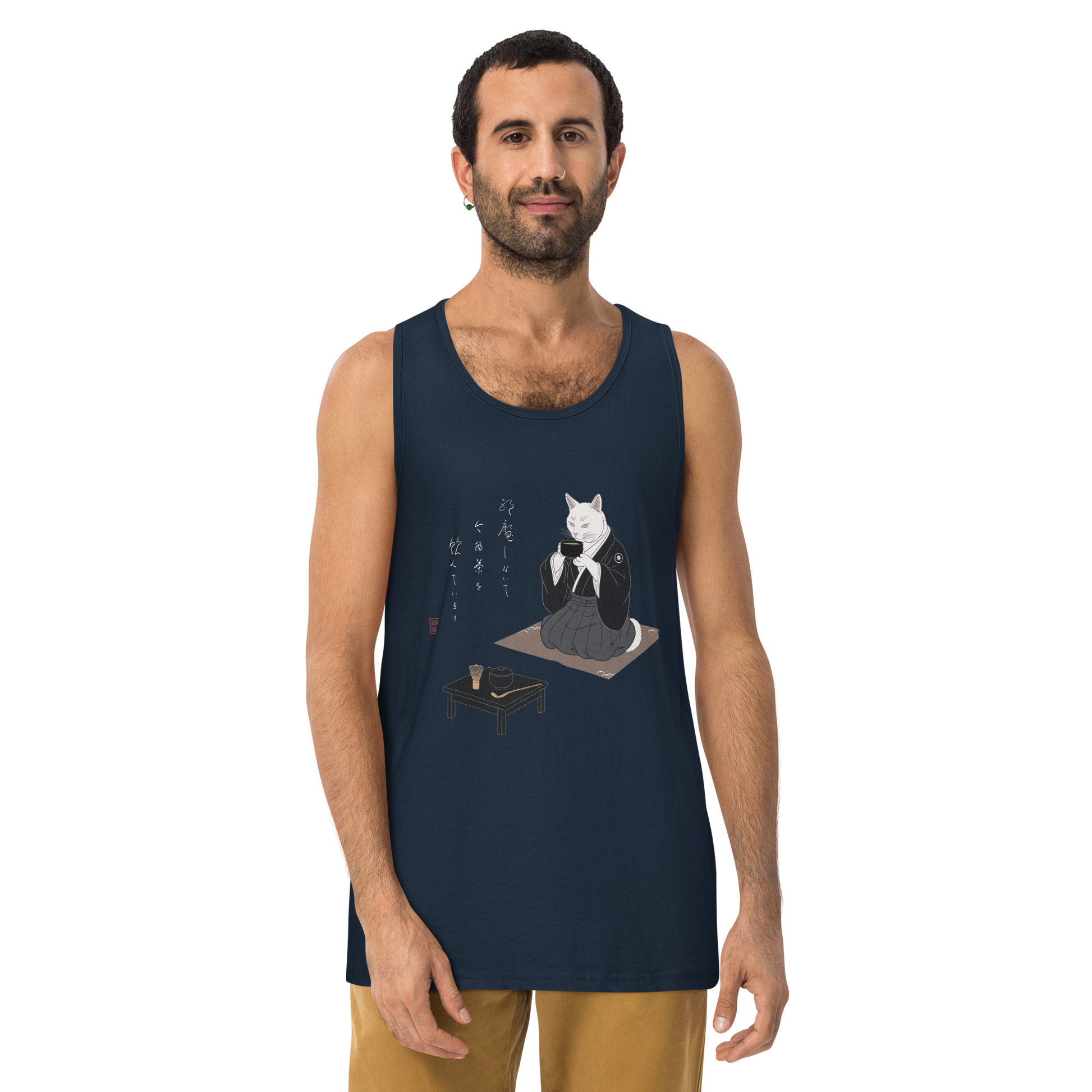 Cat Samurai Tea Ceremony Ukiyo-e Men's Premium Tank Top - Samurai Original