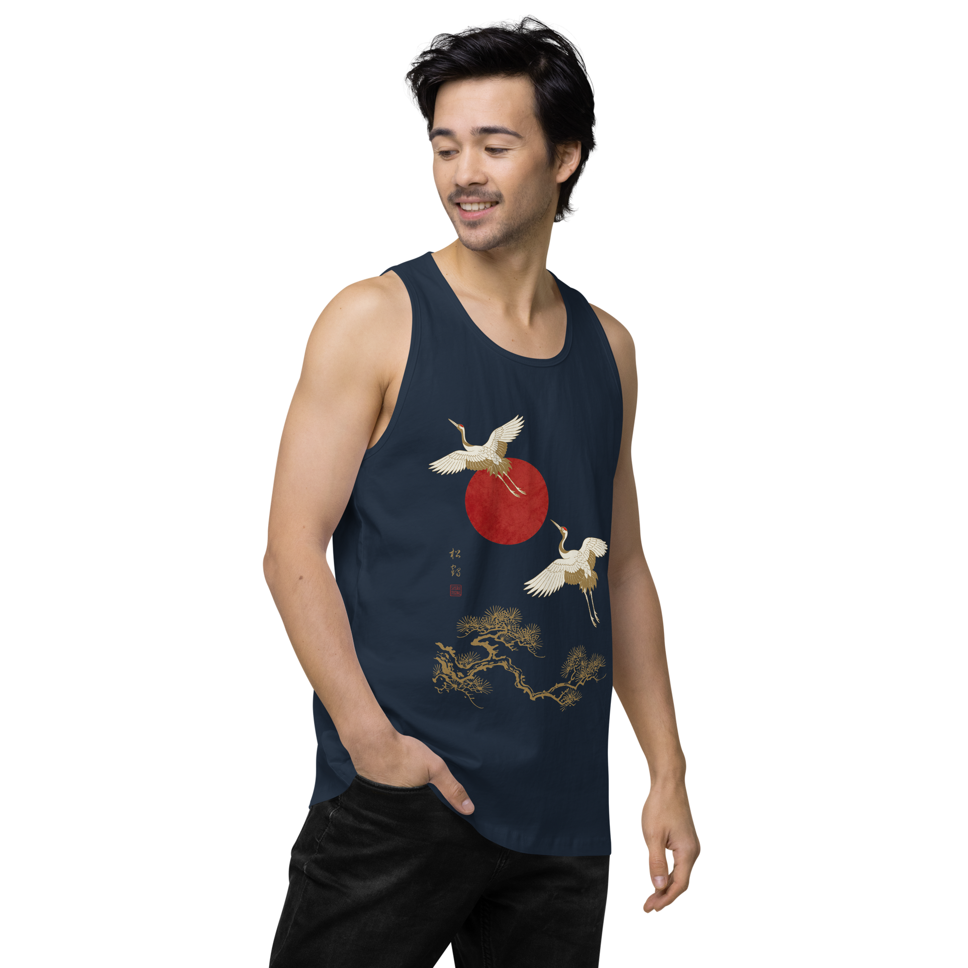 Japanese Crane and Pine Tree Ukiyo-e Men's Premium Tank Top - Samurai Original