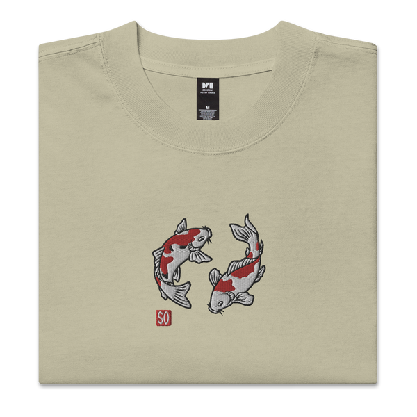 Koi Fish Embroidery Japanese Unisex Oversized Faded T-shirt