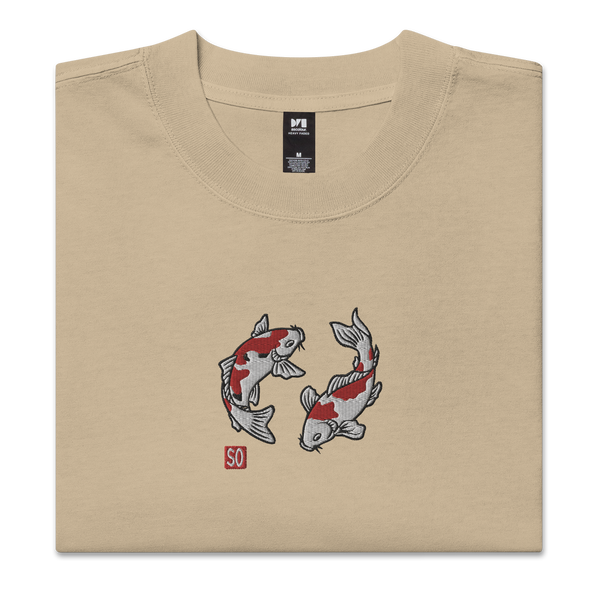 Koi Fish Embroidery Japanese Unisex Oversized Faded T-shirt