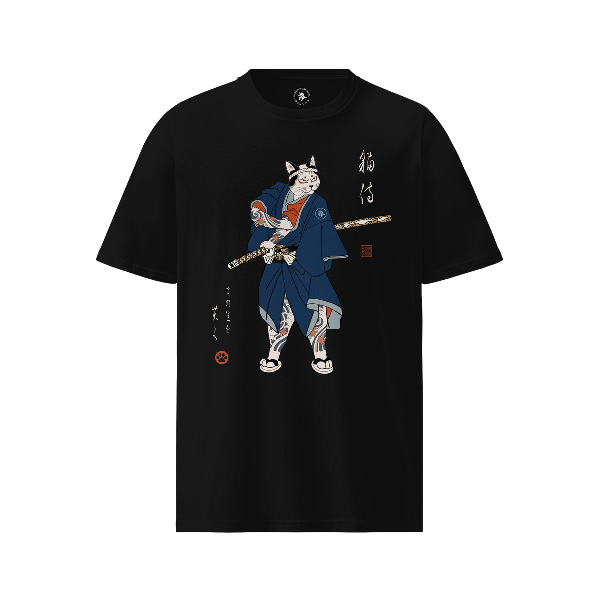 Samurai Cat Japanese Tattoo Organic T-Shirt Black - Samurai Original