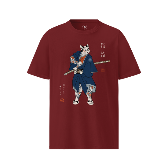 Samurai Cat Japanese Tattoo Organic T-Shirt Burgundy - Samurai Original