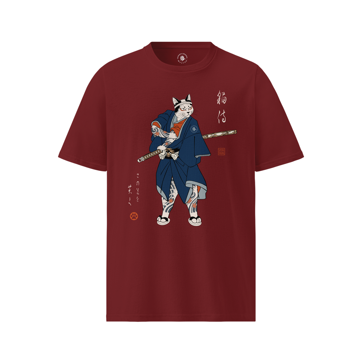 Samurai Cat Japanese Tattoo Organic T-Shirt Burgundy - Samurai Original