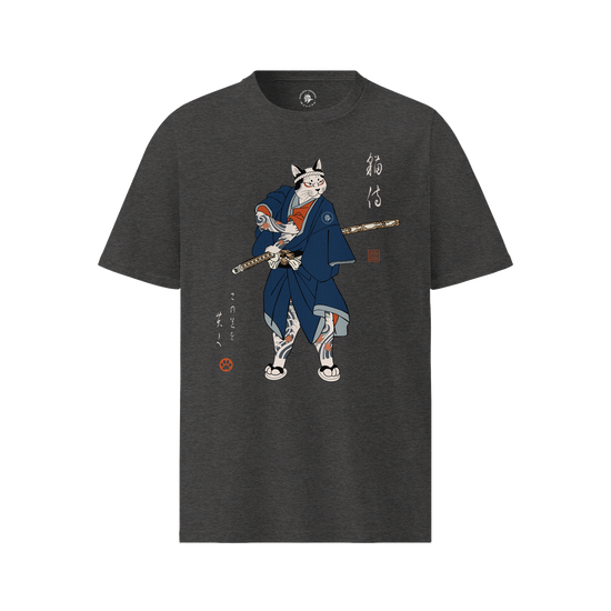 Samurai Cat Japanese Tattoo Organic T-Shirt Dark Heather Grey - Samurai Original