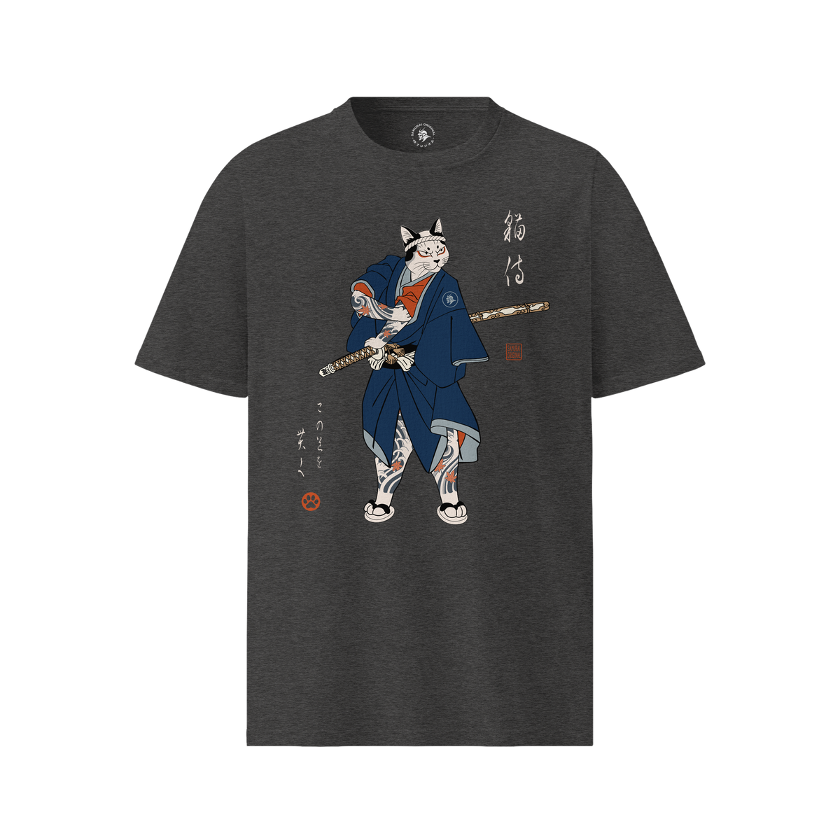 Samurai Cat Japanese Tattoo Organic T-Shirt Dark Heather Grey - Samurai Original