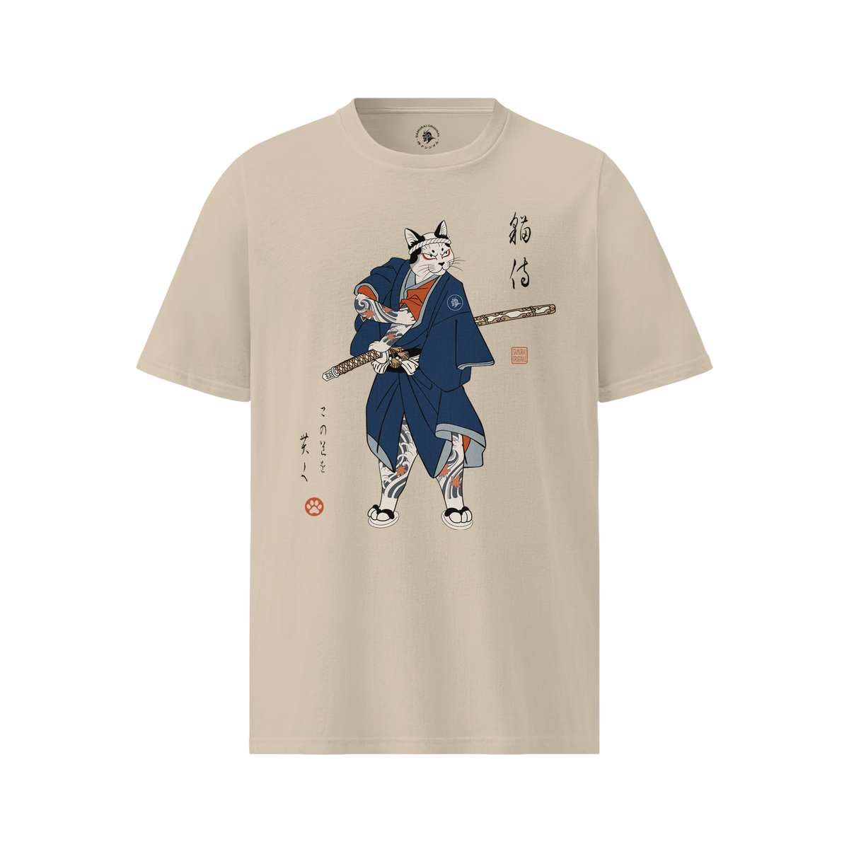 Samurai Cat Japanese Tattoo Organic T-Shirt Desert Dust - Samurai Original