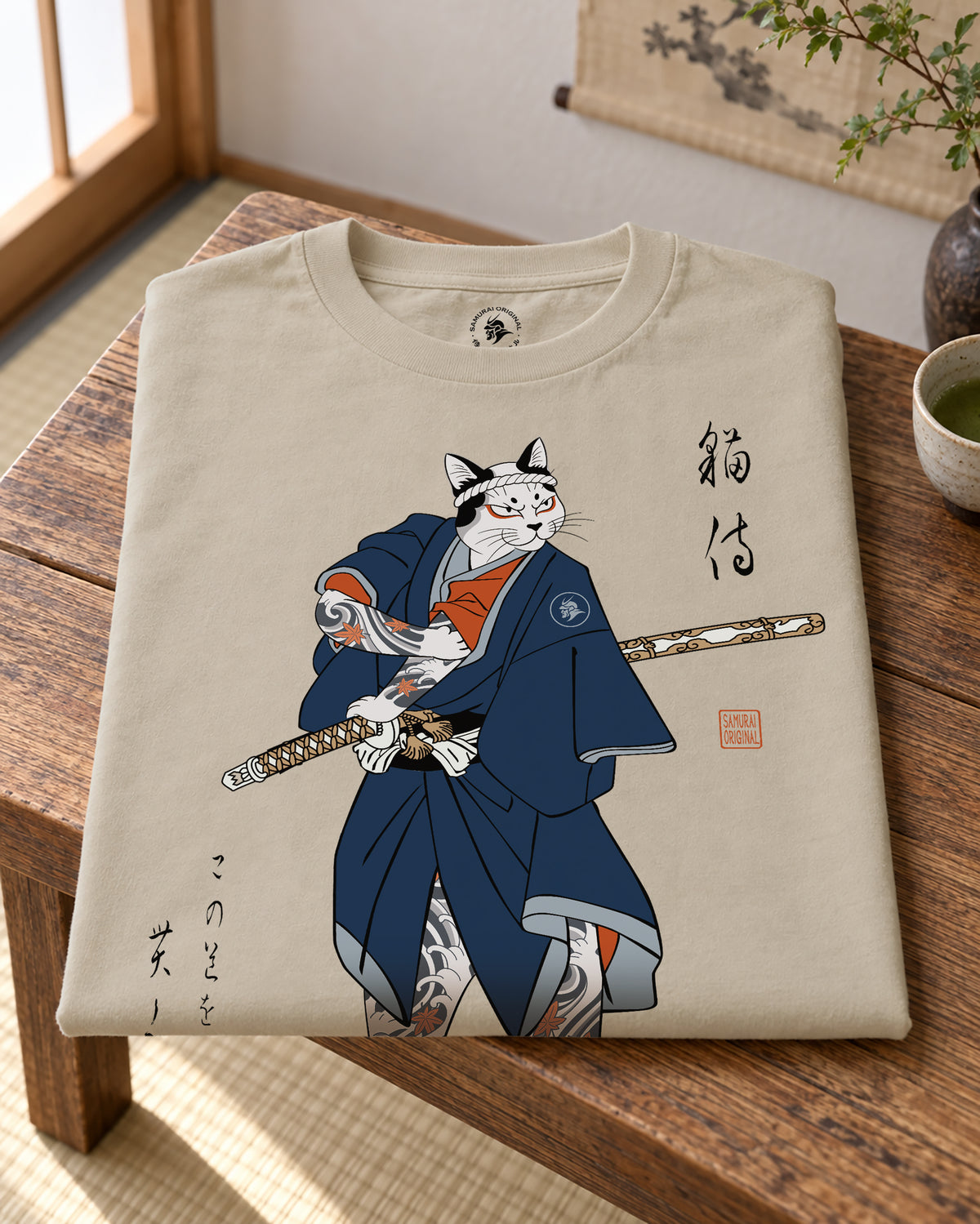 Samurai Cat Japanese Tattoo Organic T-Shirt - Samurai Original