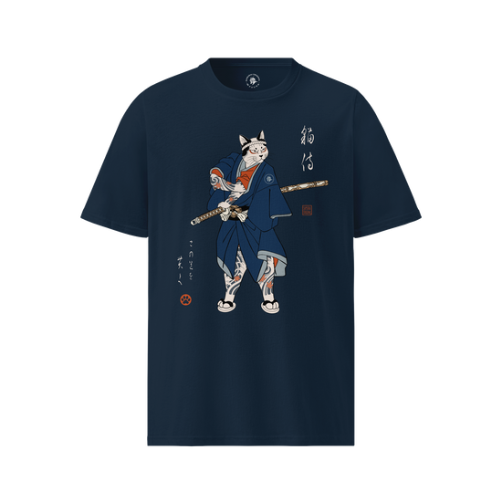 Samurai Cat Japanese Tattoo Organic T-Shirt French Navy - Samurai Original