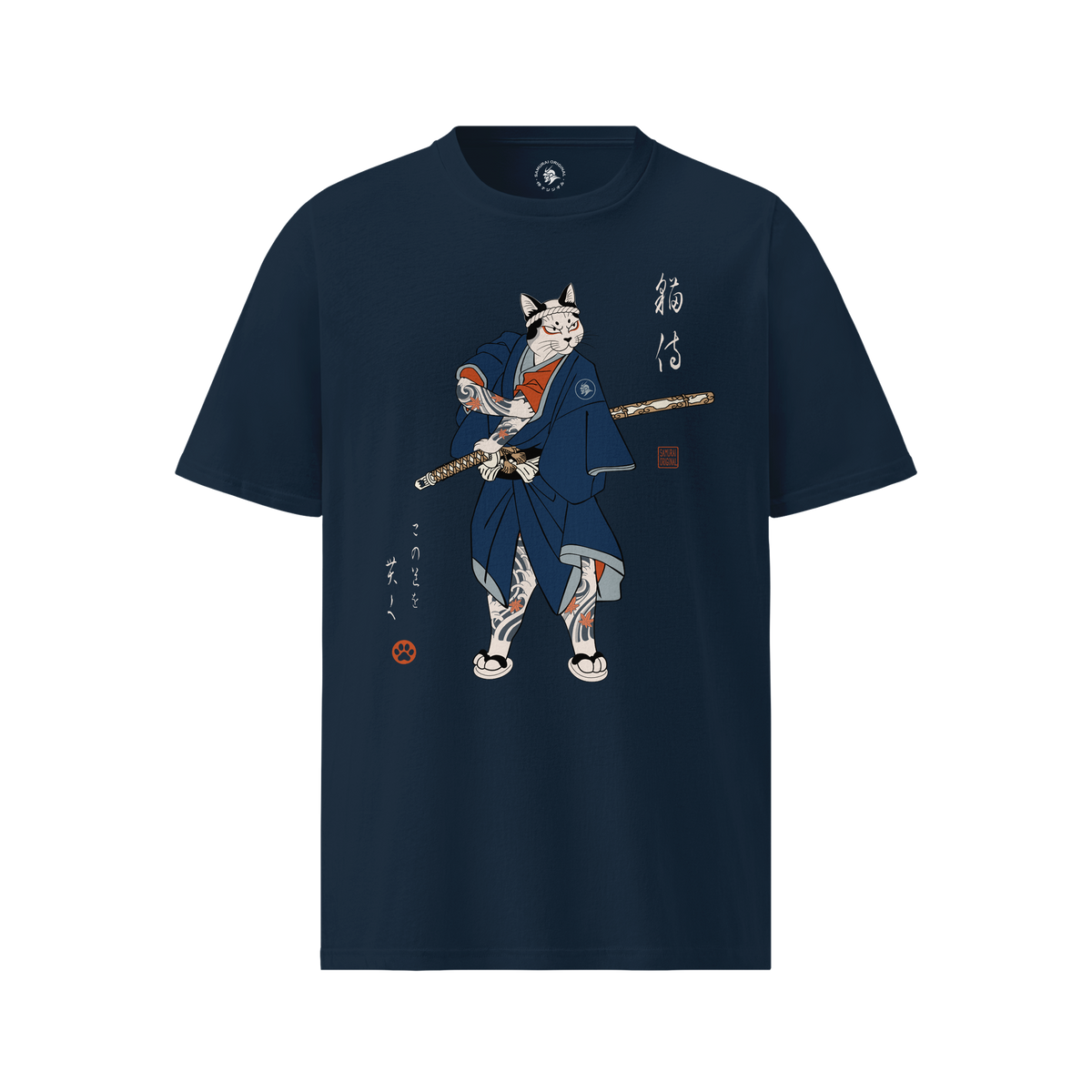Samurai Cat Japanese Tattoo Organic T-Shirt French Navy - Samurai Original