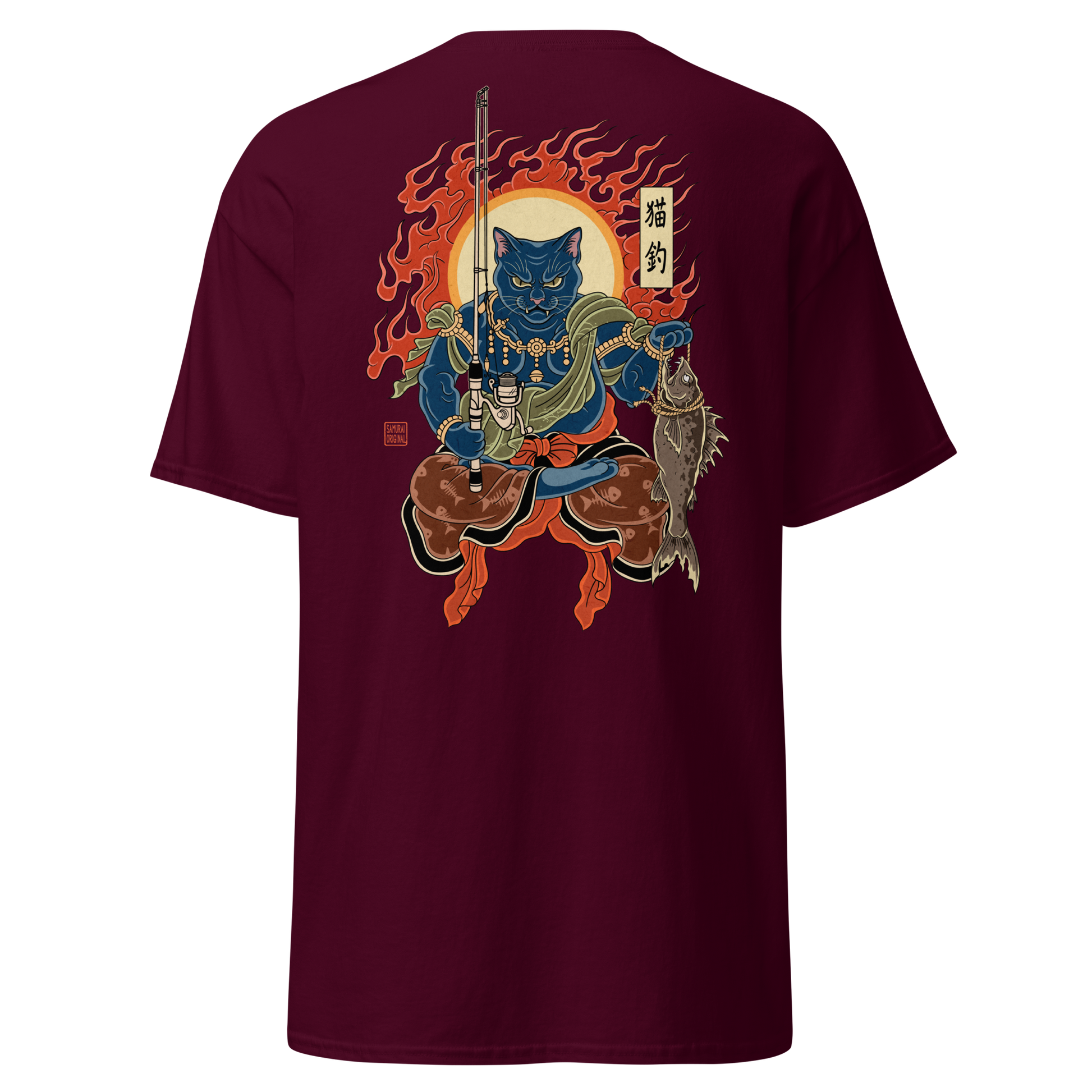 The Great Neko Fishing T-shirt Classic Maroon - Samurai Original