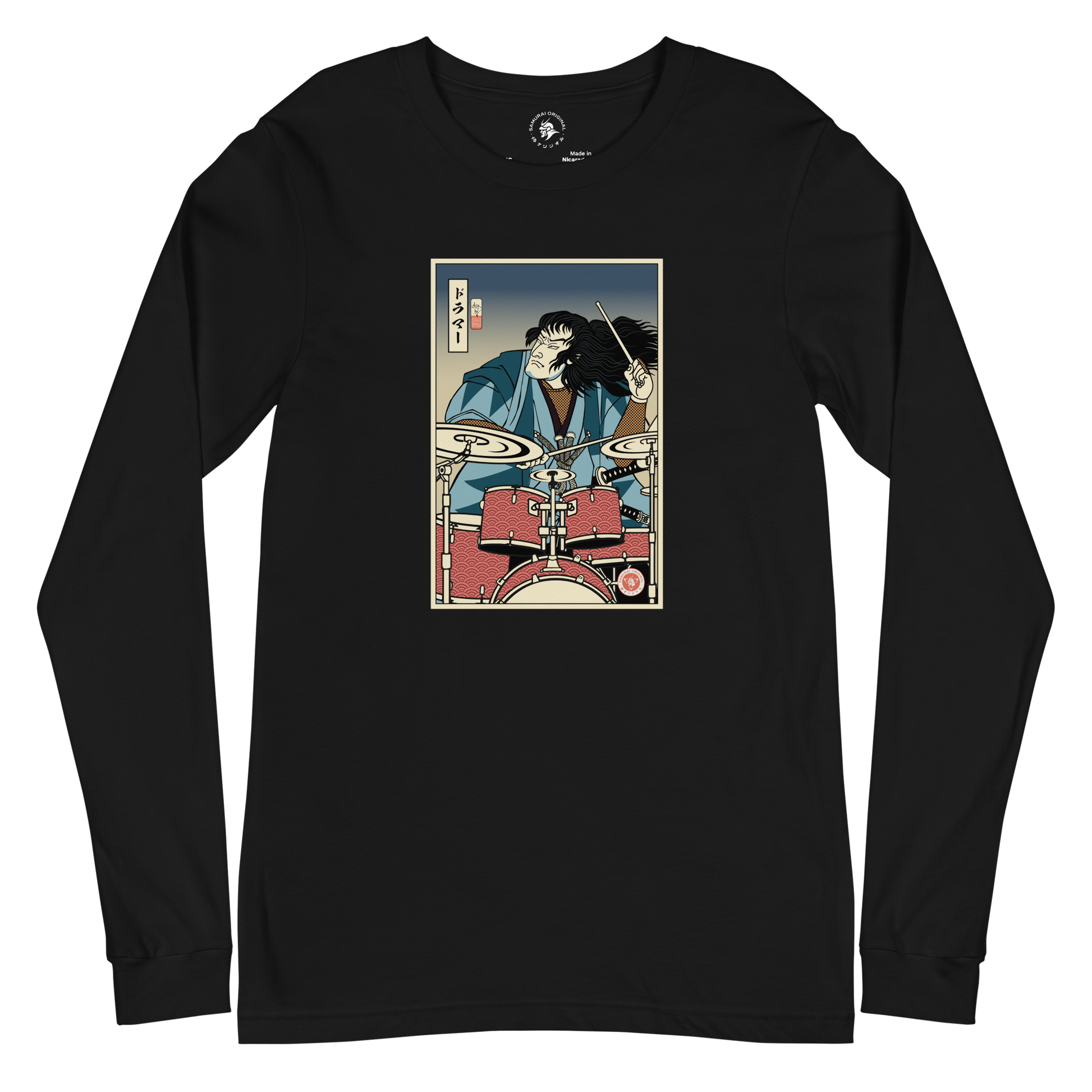 Samurai Drummer 5 Percussion Music Ukiyo-e Unisex Long Sleeve Tee Black - Samurai Original