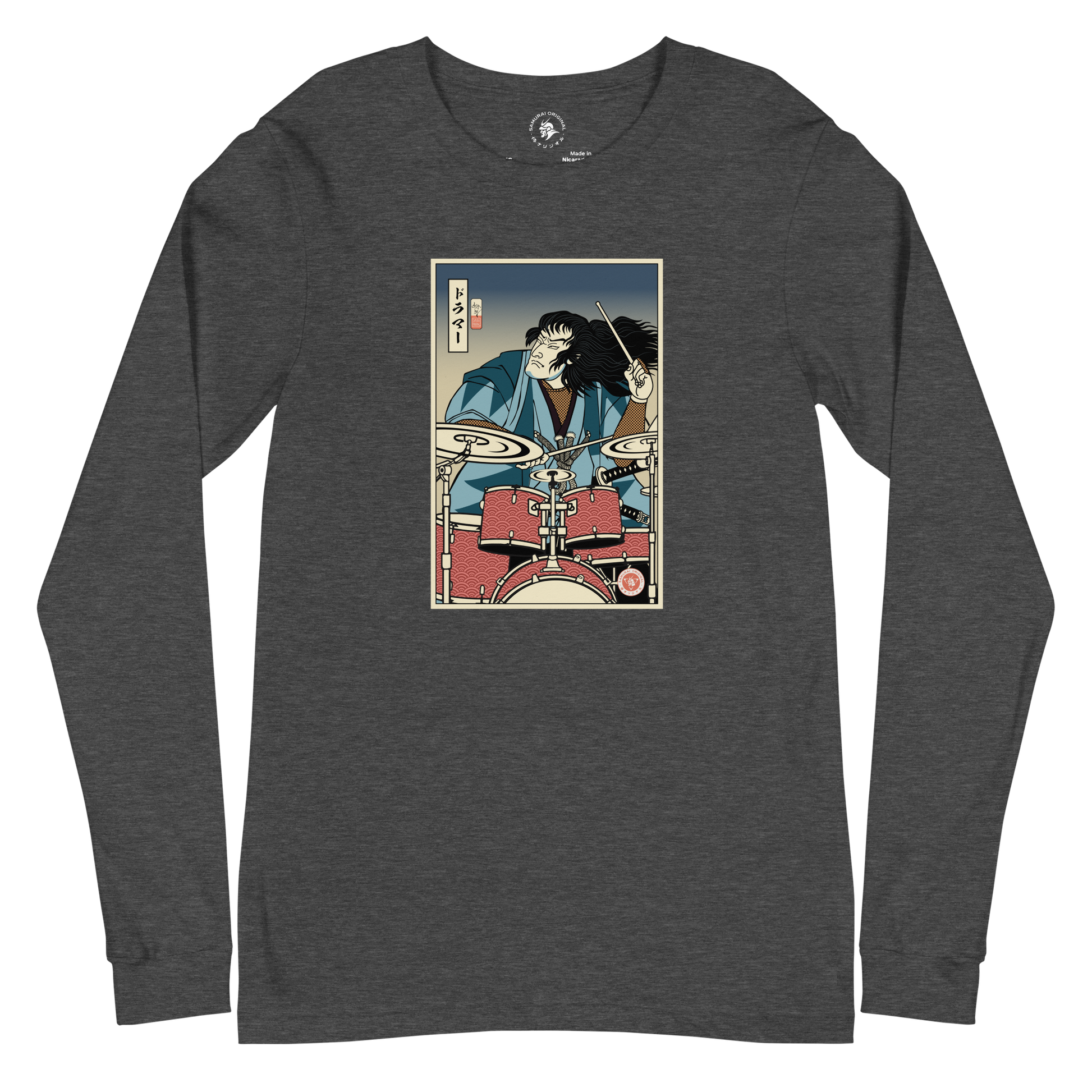 Samurai Drummer 5 Percussion Music Ukiyo-e Unisex Long Sleeve Tee Dark Grey Heather - Samurai Original