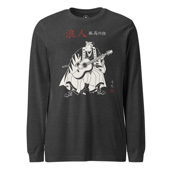 Ronin Guitar Blues Japanese Art Unisex Long Sleeve Tee Dark Grey Heather - Samurai Original