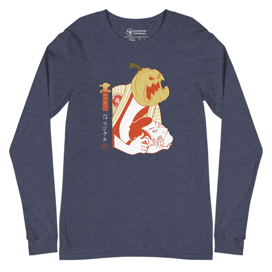 Halloween Pumpkin Japanese Ukiyo-e Unisex Long Sleeve Tee - Heather Navy / S