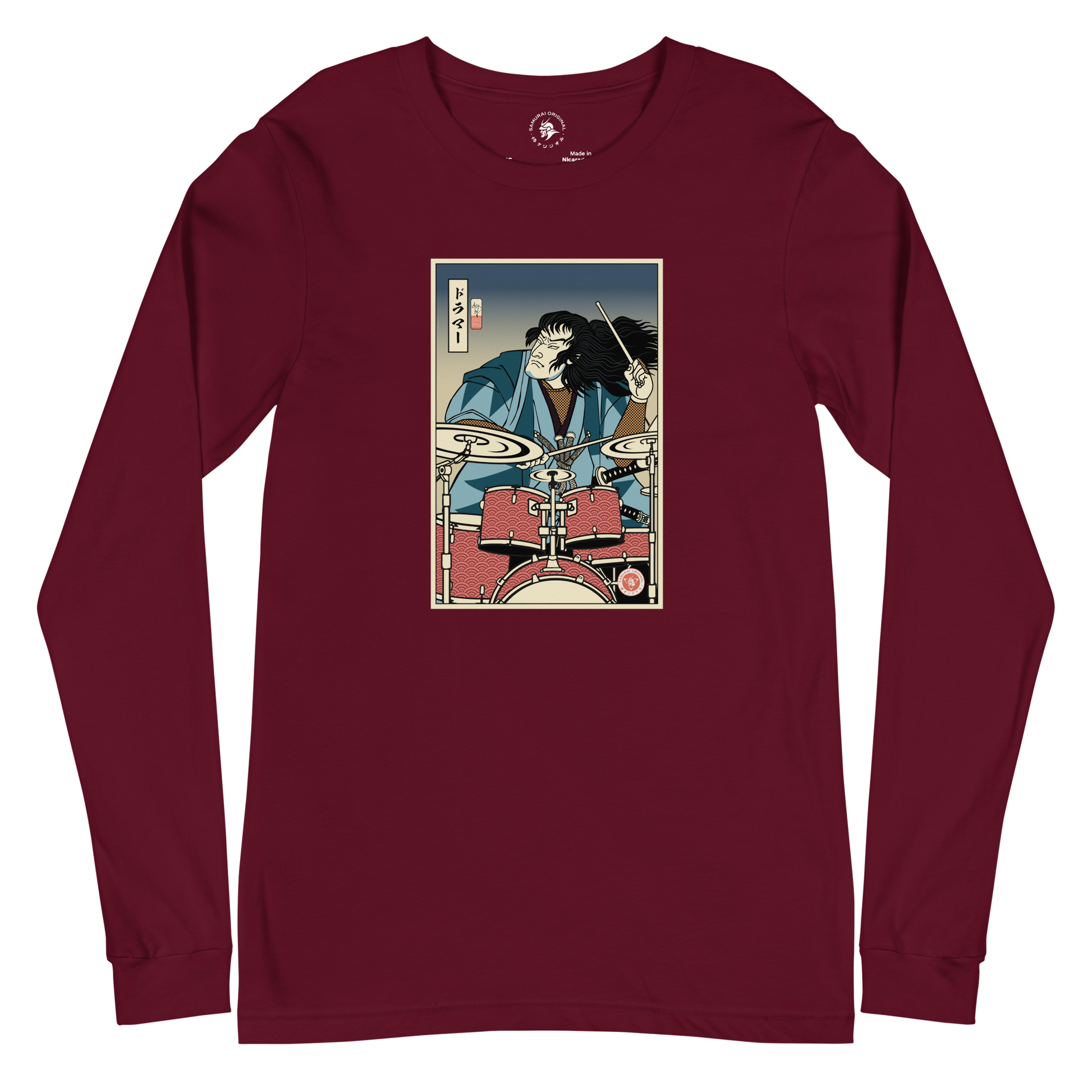 Samurai Drummer 5 Percussion Music Ukiyo-e Unisex Long Sleeve Tee Maroon - Samurai Original