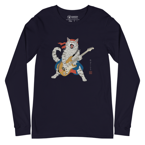 Cat Playing Guitar Japanese Ukiyo-e Unisex Long Sleeve Tee