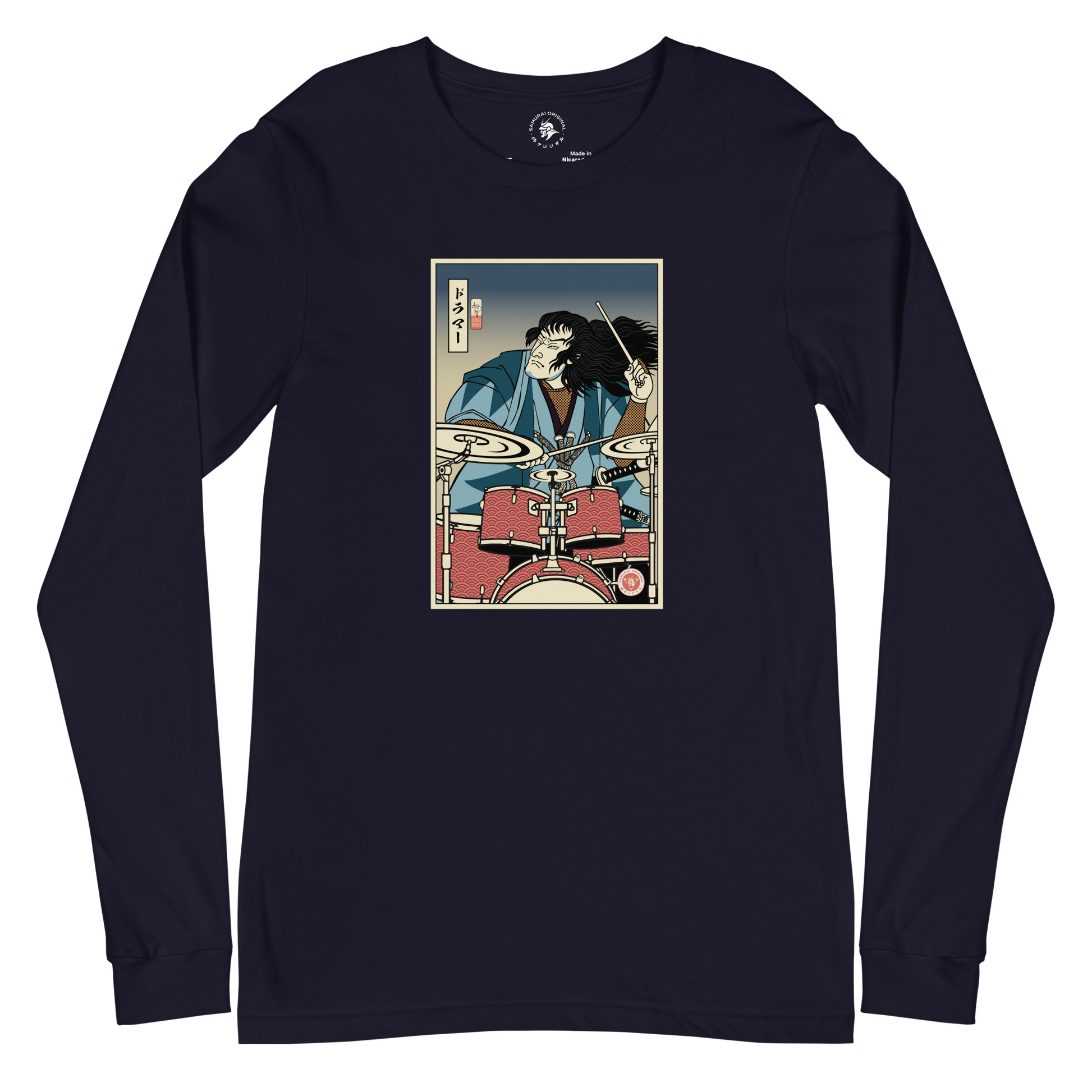 Samurai Drummer 5 Percussion Music Ukiyo-e Unisex Long Sleeve Tee Navy - Samurai Original
