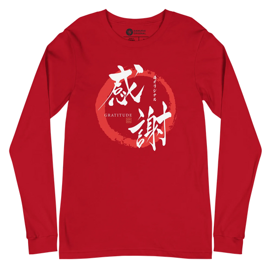 Gratitude Japanese Calligraphy Unisex Long Sleeve Tee - Red / S