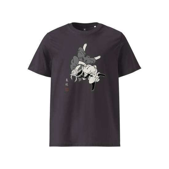 Judo Cat Ukiyo-e Organic T-shirt Anthracite - Samurai Original
