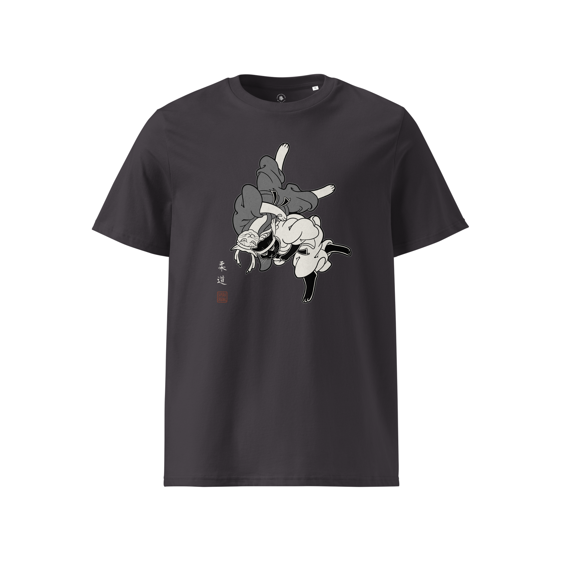 Judo Cat Ukiyo-e Organic T-shirt Anthracite - Samurai Original