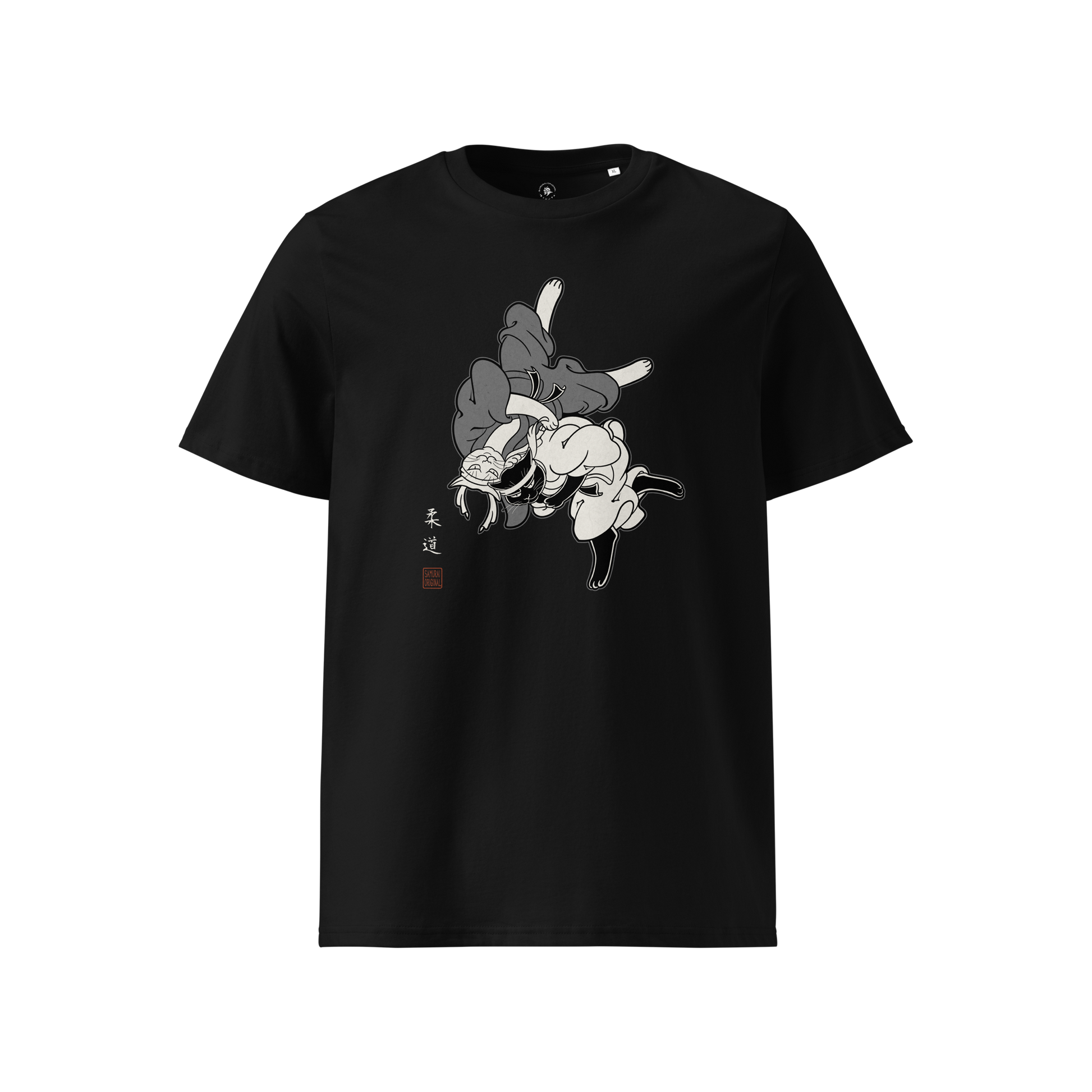 Judo Cat Ukiyo-e Organic T-shirt Black - Samurai Original
