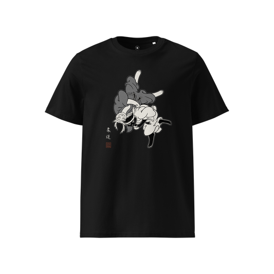 Judo Cat Ukiyo-e Organic T-shirt Black - Samurai Original