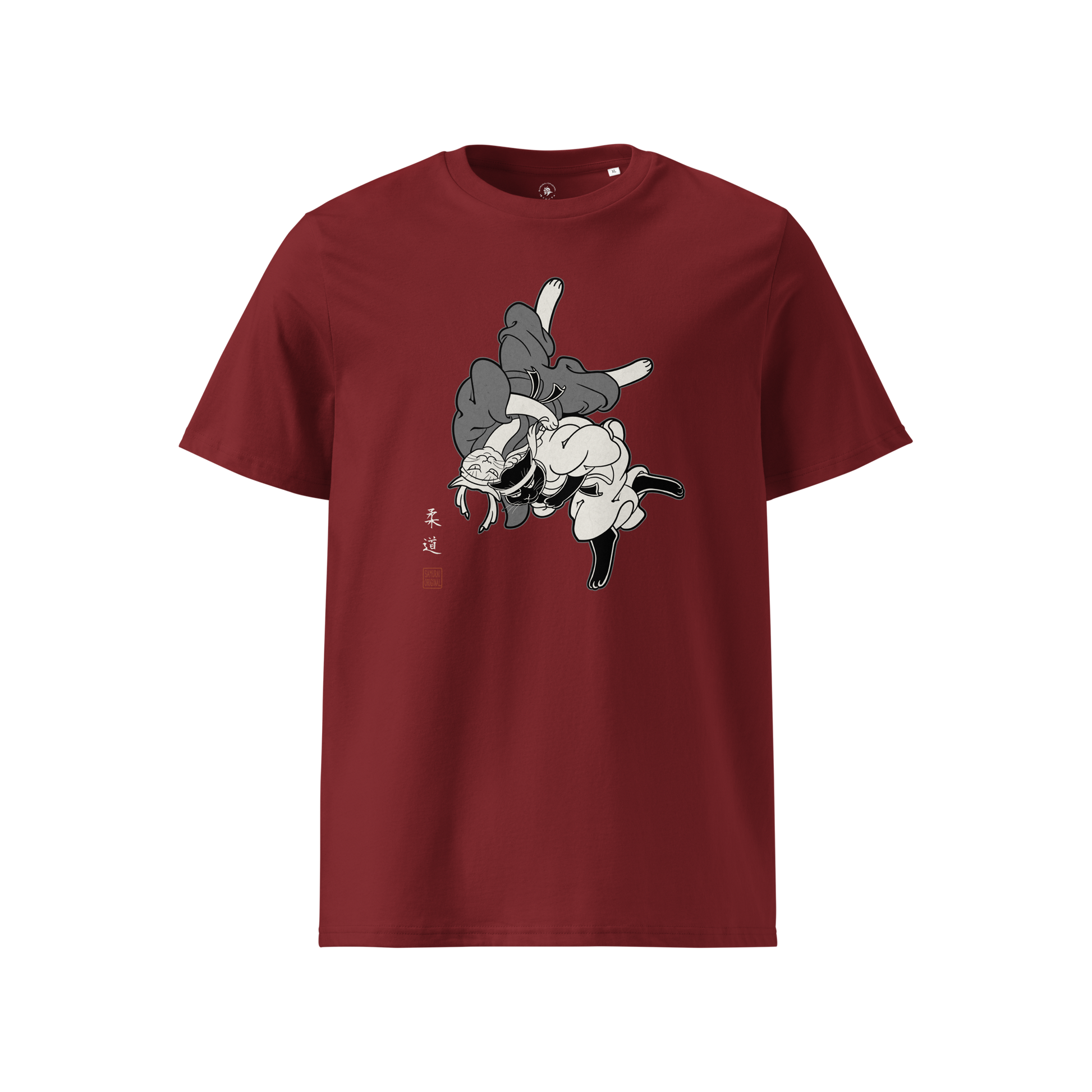 Judo Cat Ukiyo-e Organic T-shirt Burgundy - Samurai Original