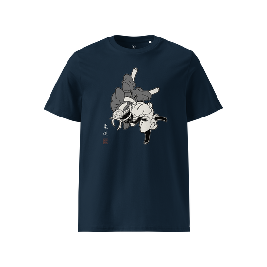 Judo Cat Ukiyo-e Organic T-shirt French Navy - Samurai Original