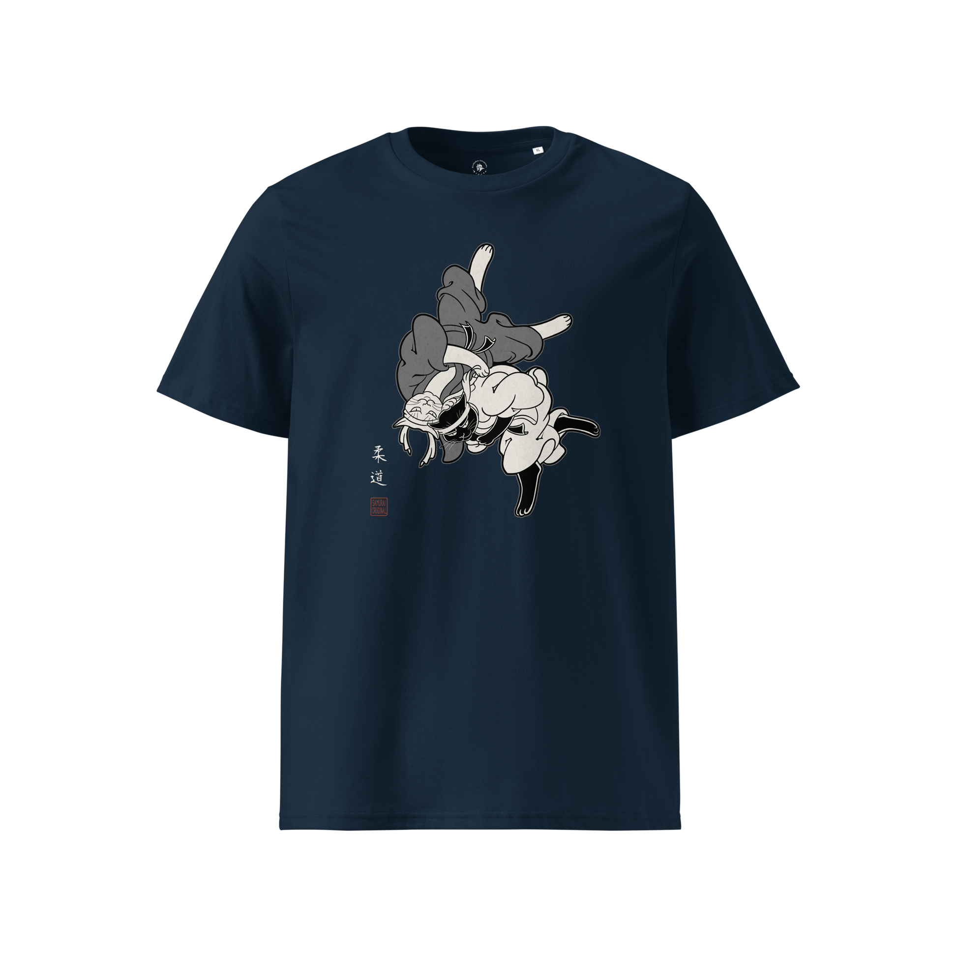 Judo Cat Ukiyo-e Organic T-shirt French Navy - Samurai Original