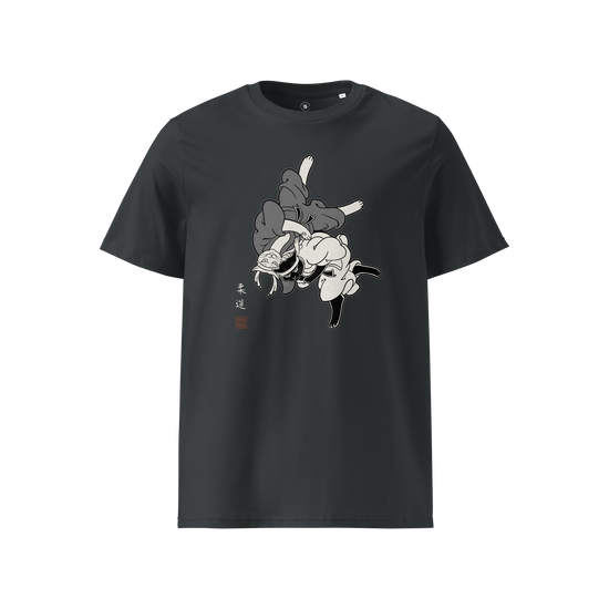 Judo Cat Ukiyo-e Organic T-shirt India Ink Grey - Samurai Original