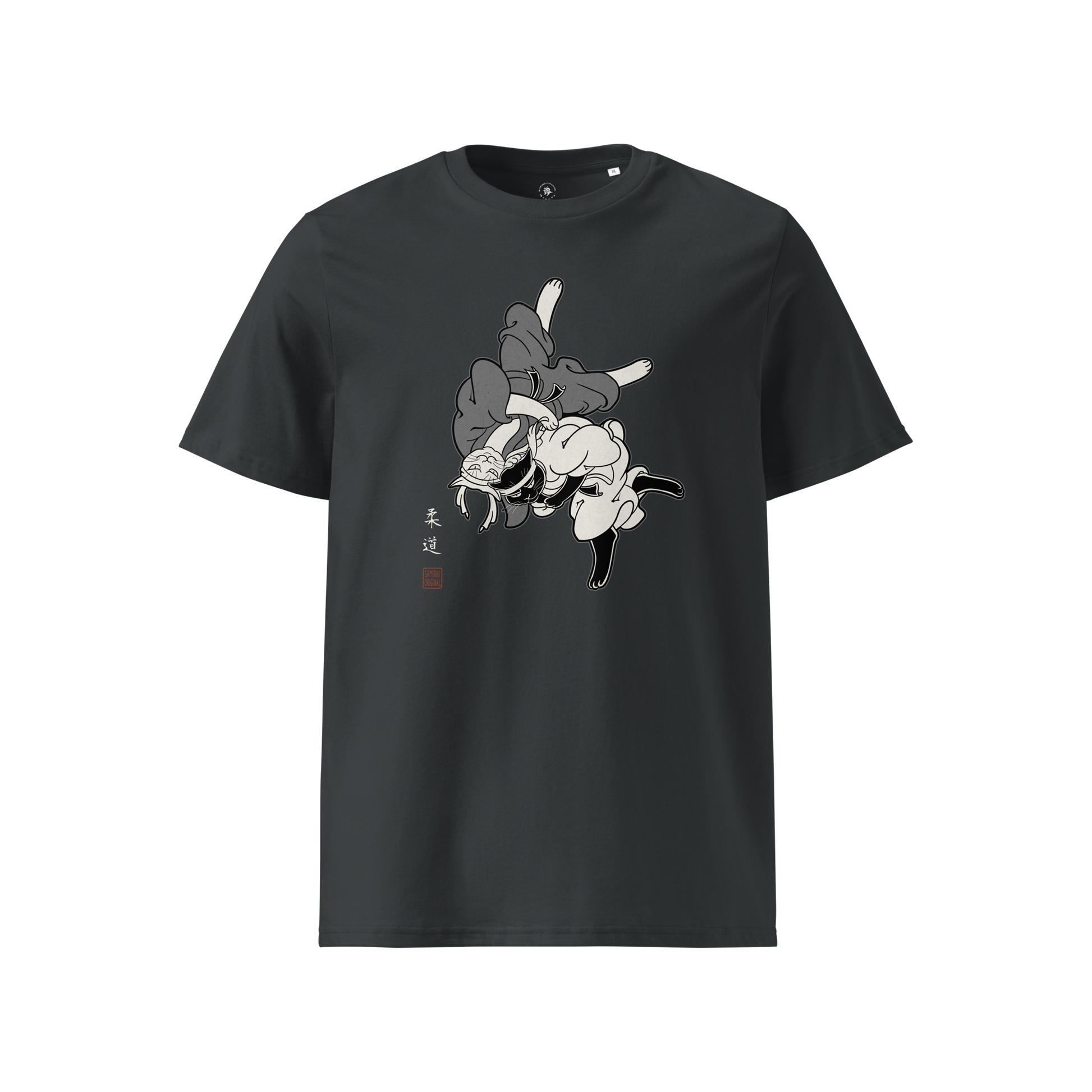 Judo Cat Ukiyo-e Organic T-shirt India Ink Grey - Samurai Original